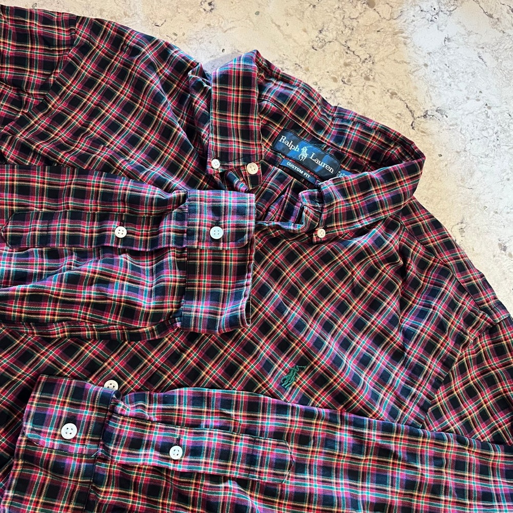 Ralph Lauren Mens XL Custom Fit Plaid Button Down Shirt Multi Color Cotton Pony
